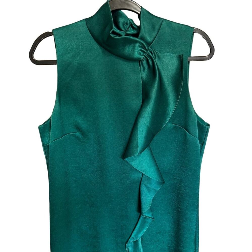 Reiss Lola Satin Ruffle Belted Cocktail Dress Emerald Green Sleeveless Size 10 - Picture 5 of 11